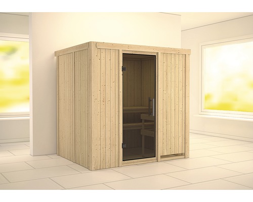 Sauna modulaire Karibu Bodina sans poêle ni couronne, avec porte entièrement vitrée coloris graphite