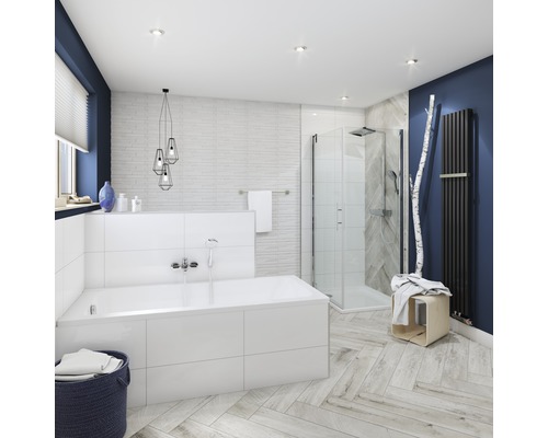 Salle de bain lumineuse avec baignoire, douche et radiateur