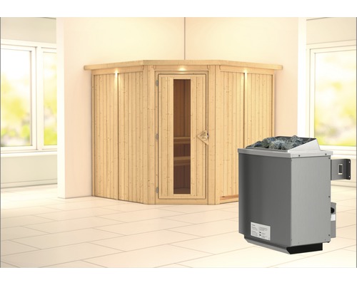 Elementsauna Karibu Piemon inkl. 9 kW Ofen u.integr.Steuerung mit Dachkranz und Holztüre mit Isolierglas wärmegedämmt