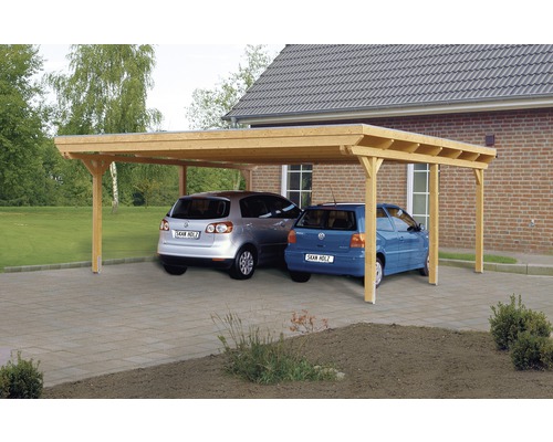 Carport pour deux véhicules SKAN HOLZ Emsland 613x604 cm, toit aluminium Double carport en bois avec deux voitures garées