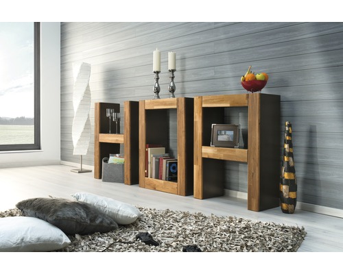 Wohnzimmerszene mit Bücherregal aus Holz, dekorativen Gegenständen und Kissen auf einem Teppich.