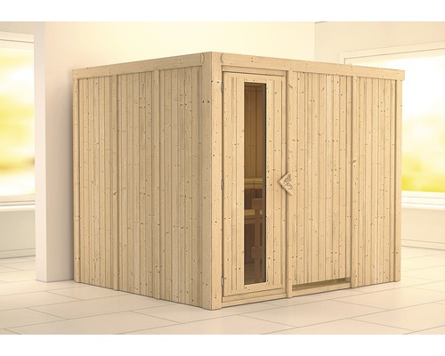 Elementsauna Karibu Gobina ohne Ofen und Dachkranz mit Holztür und Isolierglas wärmegedämmt