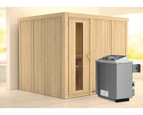 Elementsauna Karibu Gobina inkl. 9 kW Ofen u.intergr.Steuerung ohne Dachkranz mit Holztür und Isolierglas wärmegedämmt