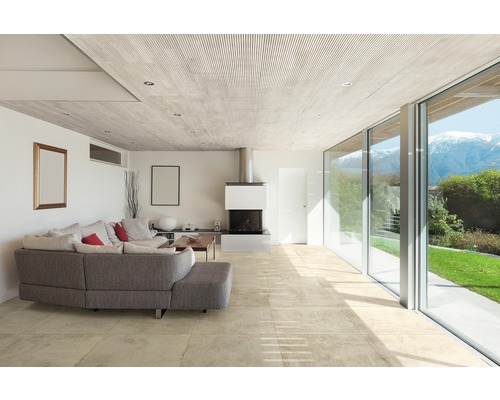 Salon lumineux avec canapé, cheminée et grandes baies vitrées