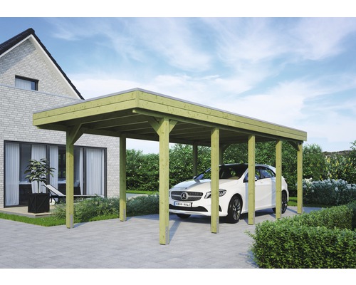 Carport indépendant en bois avec voiture sur sol pavé