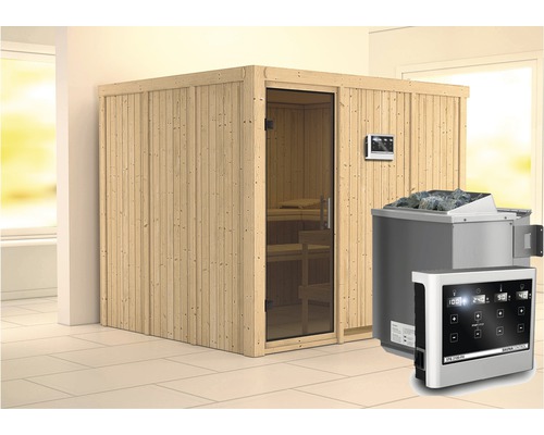 Sauna modulaire Karibu Gobina, avec poêle bio 9 kW et commande externe, sans couronne, avec porte entièrement vitrée coloris graphite
