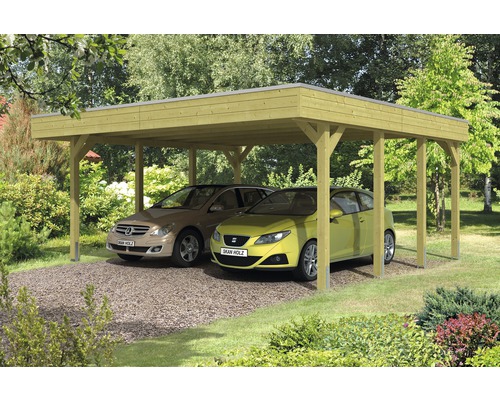 Carport pour deux véhicules SKAN HOLZ Friesland 557x555 cm, toit aluminium, imprégné par immersion Carport pour deux véhicules SKAN HOLZ Friesland 557x555 cm, toit aluminium, imprégné par immersion