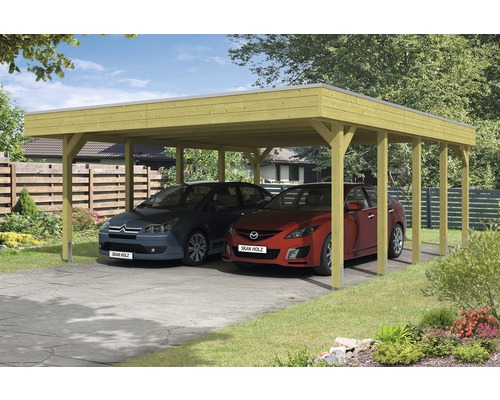 Double carport en bois avec deux voitures garées