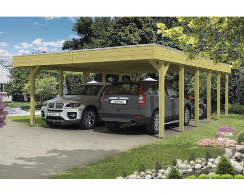 Carport pour deux véhicules SKAN HOLZ Friesland 557x860 cm, toit aluminium, imprégné par immersion