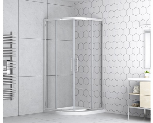 Salle de bains avec douche d''angle, lavabo et sèche-serviettes