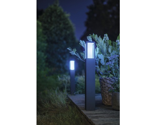 Deux luminaires de jardin en métal sur un pont en bois illuminent un jardin la nuit.