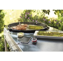 Grillszene mit Fleisch, Spargel, Thermometer, Smartphone und Dip