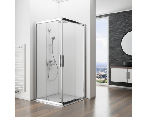 Eckdusche mit Duscharmatur und Handbrause in einem modern eingerichteten Badezimmer.