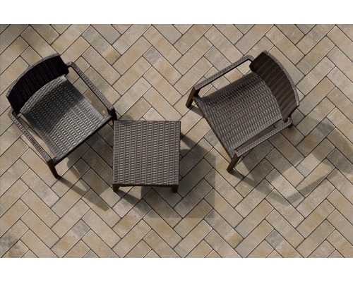 Scène de jardin avec des pavés, deux chaises et une table