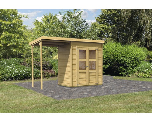 Abri de jardin Karibu Klosterburg 2 avec toit en appentis 328 x 142 cm nature Abri de jardin en bois avec auvent pour outils de jardin et outils