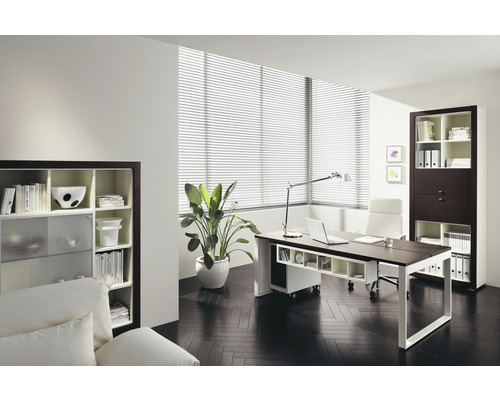 Bureau lumineux avec bureau, chaise de bureau, étagères et plante d''intérieur