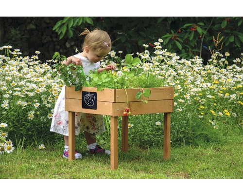 Jardinière en bois avec fraises et enfant dans le jardin