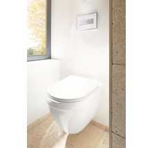 Wandhängendes Tiefspül-WC mit Betätigungsplatte in einem hellen Badezimmer.