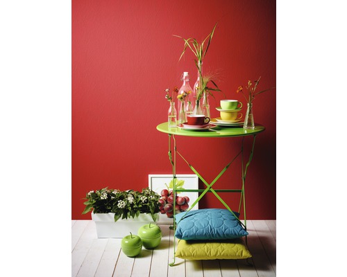Scène décorative avec une table de jardin verte, de la vaisselle, des plantes, une décoration et des coussins devant un mur rouge.