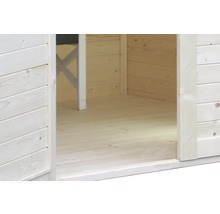 Holzgartenhaus Innenraumansicht mit Holzboden und Holzwänden