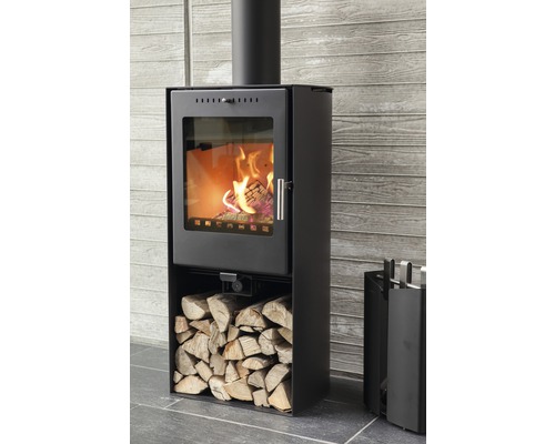 Poêle à bois noir avec bois et serviteur de cheminée