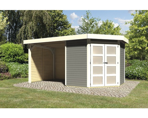 Gartenhaus Karibu Grünwald 3 mit Schleppdach 2,2 m, Seiten- und Rückwand 437x217 cm terragrau