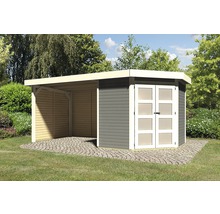 Abri de jardin avec annexe et double porte sur sol pavé
