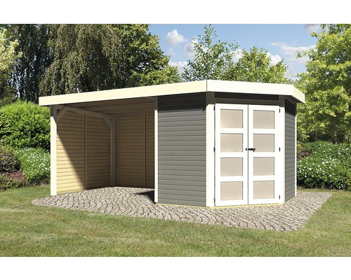 Gartenhaus Karibu Grünwald 3 mit Schleppdach 2,6 m, Seiten- und Rückwand 504,5 x 238 cm terragrau