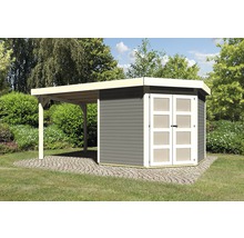 Gartenhaus mit Vordach auf gepflastertem Untergrund
