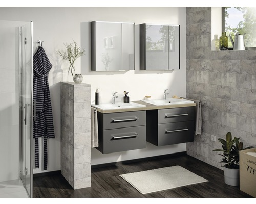 Salle de bain avec double vasque, armoires de toilette et douche