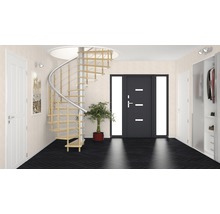 Couloir avec escalier en colimaçon, porte d''entrée et armoire vestiaire