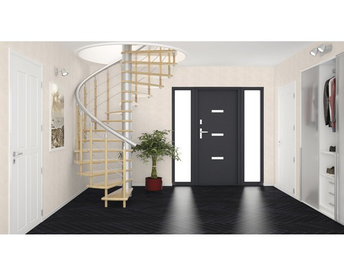 Couloir avec escalier en colimaçon, porte d''entrée et armoire vestiaire