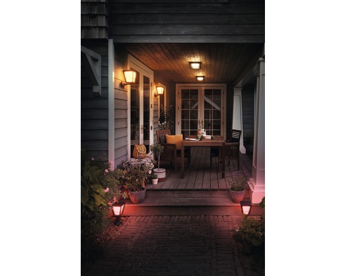 Terrasse éclairée avec table, chaises, plantes et éclairage extérieur pour une ambiance agréable en soirée.