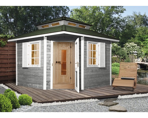 Chalet sauna Weka Kurikka avec poêle bio 7,5 kW et commande numérique, avec portes en bois et verre isolant thermiquement