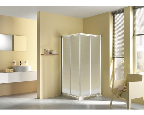 Douche accès d'angle avec porte coulissante en 4 éléments Breuer Fara 4 80-90 cm hauteur 185 cm en verre synthétique Perle profilé couleur blanc