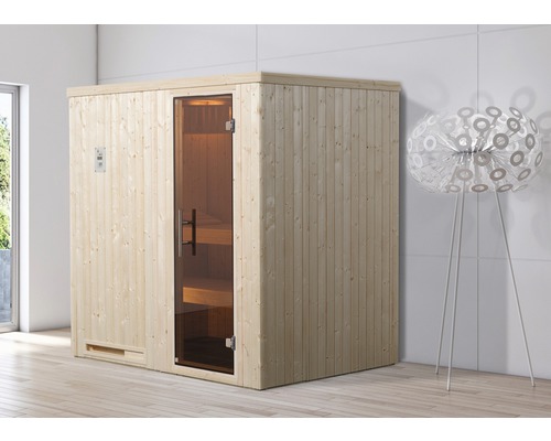 Sauna modulaire Weka Halmstad GT taille 1 avec poêle 7,5 kW et commande numérique, avec porte entièrement vitrée couleur graphite