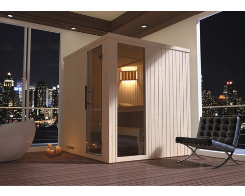 Sauna modulaire Weka Halmstad GT taille 2 avec poêle 7,5 kW et commande numérique, avec fenêtre et porte entièrement vitrée couleur graphite