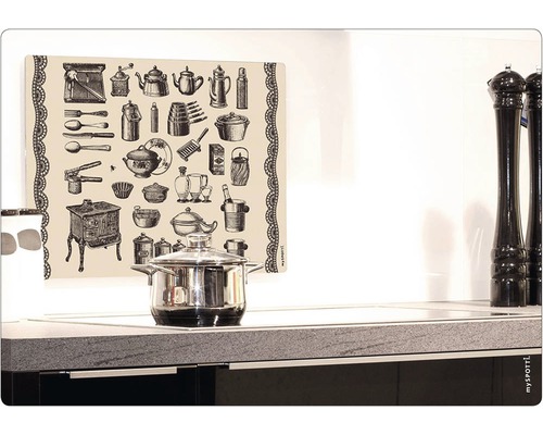 Scène de cuisine avec casserole sur la cuisinière et crédence avec motifs de cuisine