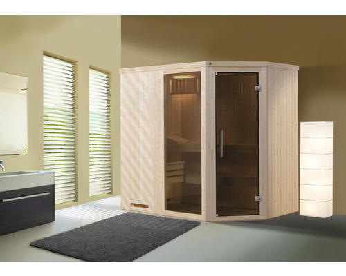Sauna modulaire Weka Varberg GTF taille 1 avec poêle 7,5 kW et commande numérique, avec fenêtre et porte entièrement vitrée couleur graphite