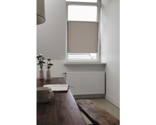 Scène avec store plissé à la fenêtre, table, banc et radiateur