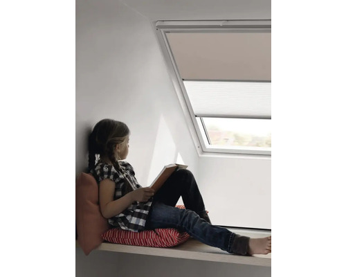 Mädchen sitzt mit Buch am Dachfenster mit Rollo