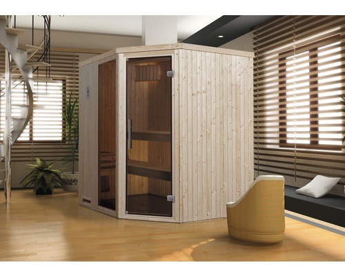 Sauna modulaire Weka Varberg GTF taille 2 avec poêle 7,5 kW et commande numérique, avec fenêtre et porte entièrement vitrée couleur graphite