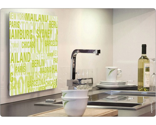 Crédence de cuisine avec motif de noms de villes