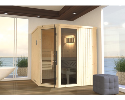 Sauna modulaire Weka Varberg GTF taille 3 avec poêle bio 7,5 kW et commande numérique, avec fenêtre et porte entièrement vitrée couleur graphite