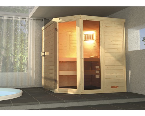 Sauna en bois massif Weka Laukkala taille 2 avec poêle bio 7,5 kW et commande numérique, avec fenêtre et porte entièrement vitrée en verre transparent