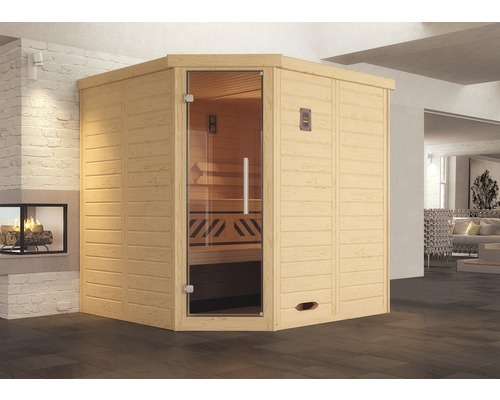 Sauna en bois massif Weka Kemi d'angle GT taille 1 avec poêle bio 7,5 kW et commande numérique avec porte entièrement vitrée couleur graphite