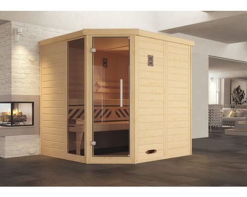 Sauna en bois massif Weka Kemi d'angle GT taille 1 avec poêle bio 7,5 kW et commande numérique, avec fenêtre et porte entièrement vitrée couleur graphite
