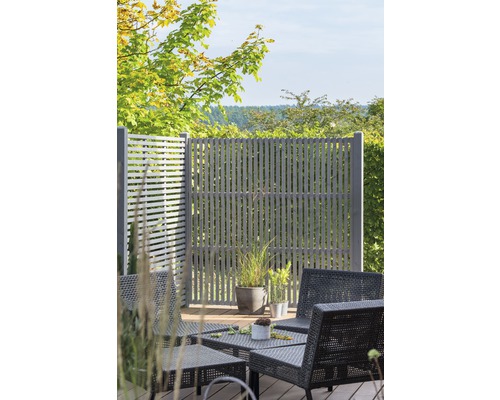 Terrasse avec clôture de confidentialité, table et chaises à l''extérieur