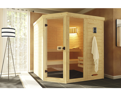 Sauna en bois massif Weka Laukala taille 3 avec poêle 7,5 kW et commande numérique, avec fenêtre et porte entièrement vitrée en verre transparent