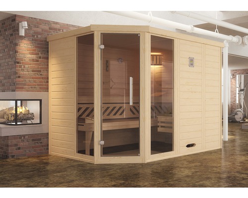 Sauna en bois massif Weka Kemi d'angle GTF taille 2 avec poêle bio 7,5 kW et commande numérique, avec fenêtre et porte entièrement vitrée couleur graphite